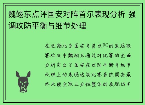 魏翊东点评国安对阵首尔表现分析 强调攻防平衡与细节处理