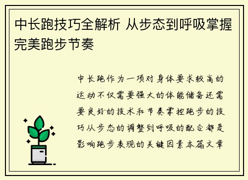 中长跑技巧全解析 从步态到呼吸掌握完美跑步节奏